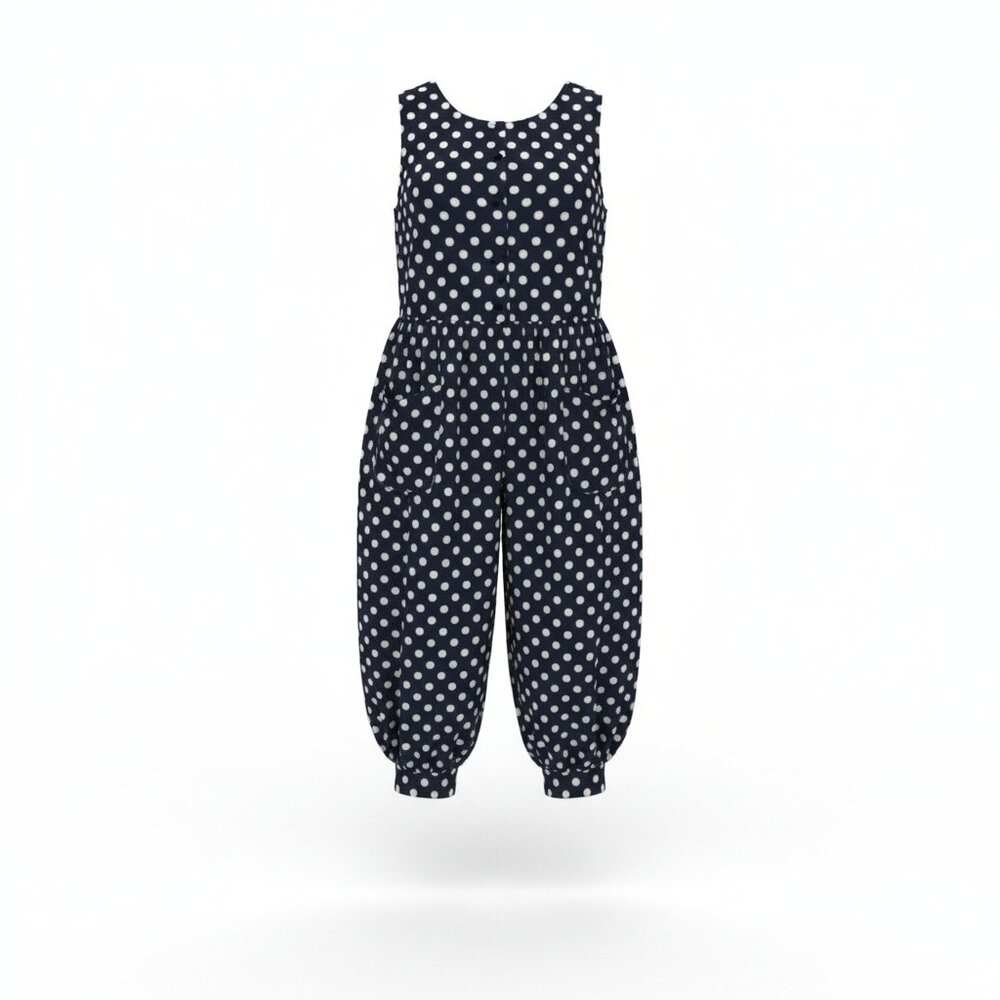 Laura Ashley Navy Blue and White Polka Dot Sleeveless Jumpsuit